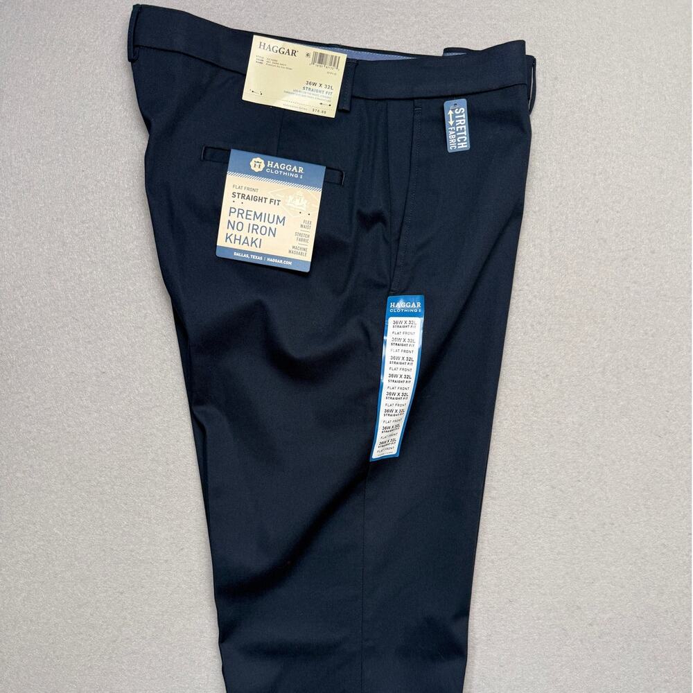 Haggar Men’s No Iron Straight-Fit Flat-Front Pants Dark Navy 36x32 $70